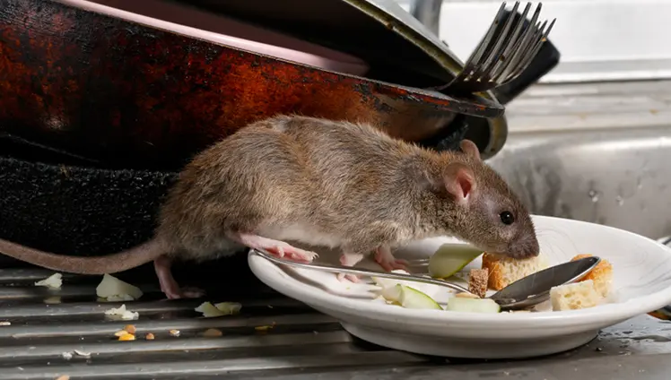 Rat eating food from a plate.