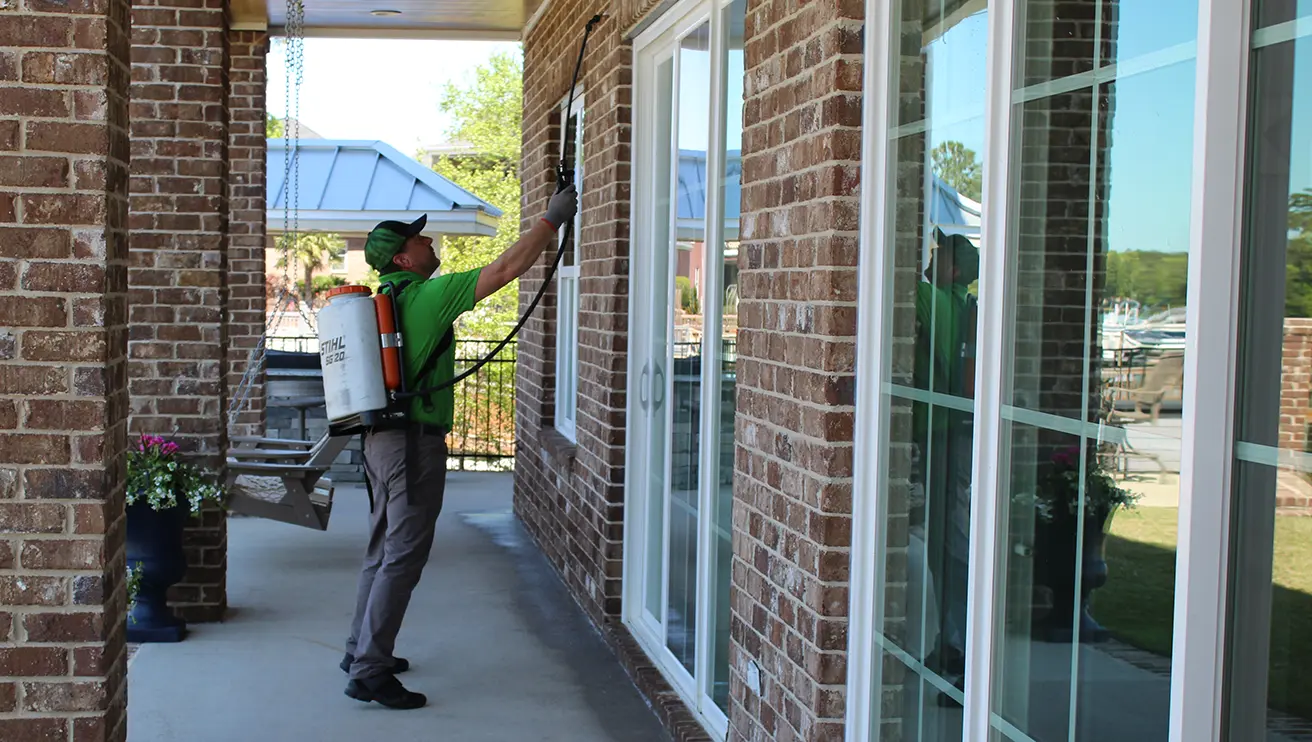 A picture of a Mosquito Joe technician spraying the exterior of a home for stink bugs.