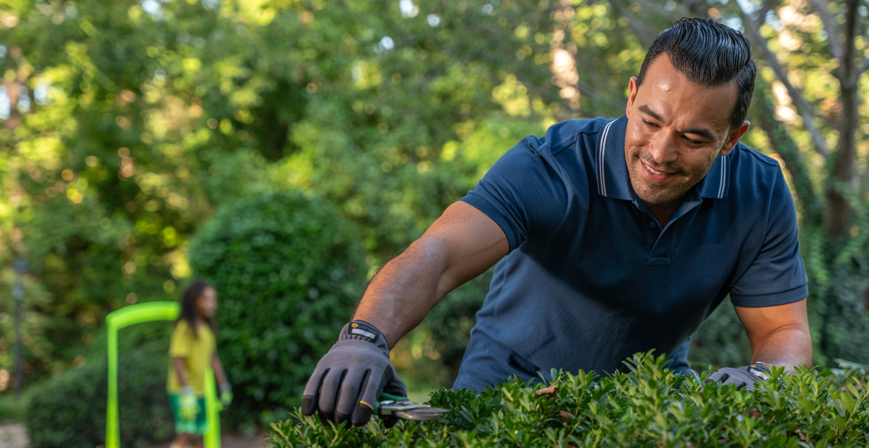 Man trimming bushes.