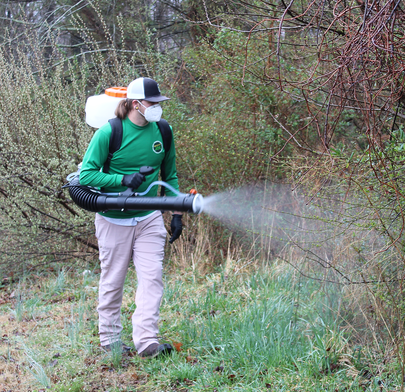 Mosquito Joe professional spraying woods along home.