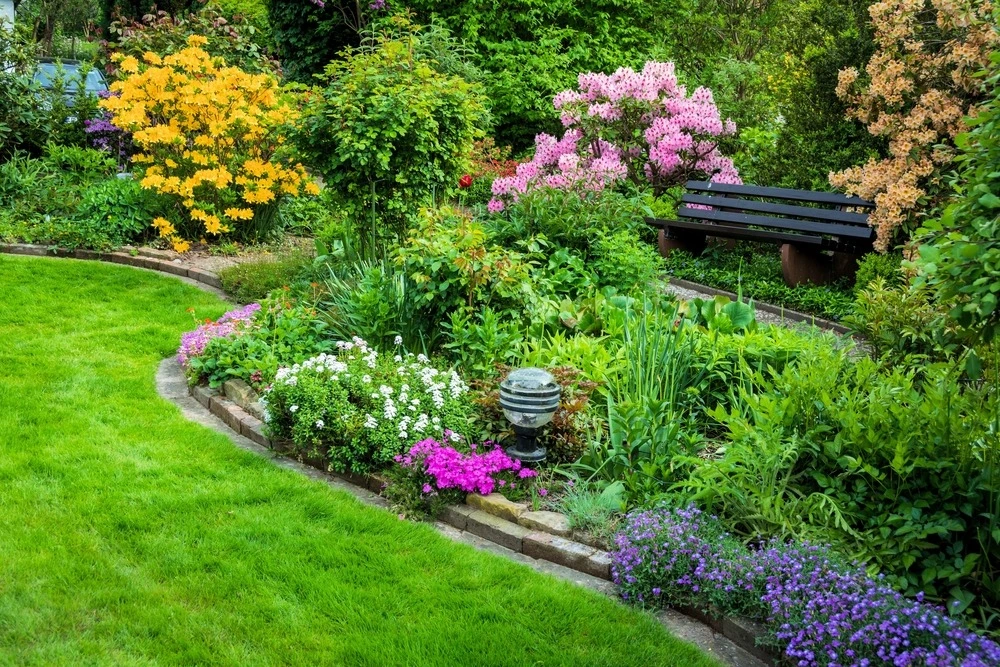 Beautiful bright garden in backyard.