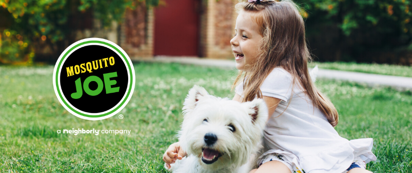 Child and white dog sitting on grass with "Mosquito Joe" logo on the left side.