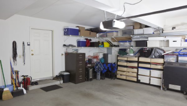 Neat and tidy home garage with storage.