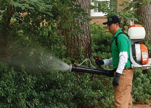 Mosquito Joe technician in Green shirt and khakis applying treatments to Houston yard