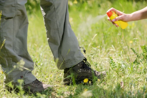 Woman-spraying-mans-legs-with-bug-spray.