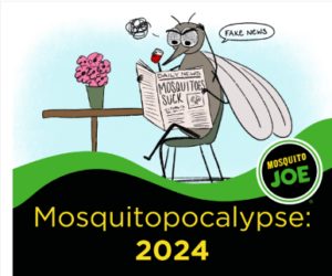 Cartoon image of a mosquito sitting at a table reading a newspaper with the headline, “Mosquitoes Suck," while saying, “fake news.”