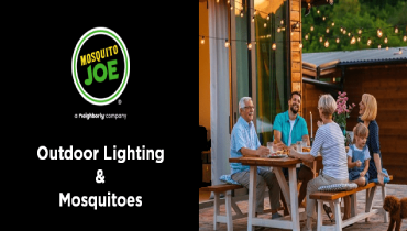 Group of people enjoying an evening at a patio with festive lights and a 