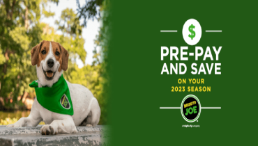 Dog in a green bandana laying down next to a promotional text for a 2023 season savings offer.