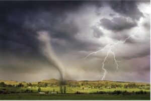 Tornado and thunderstorm outside.