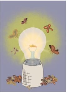 Illustration of moths flying around a glowing lightbulb on a purple background.