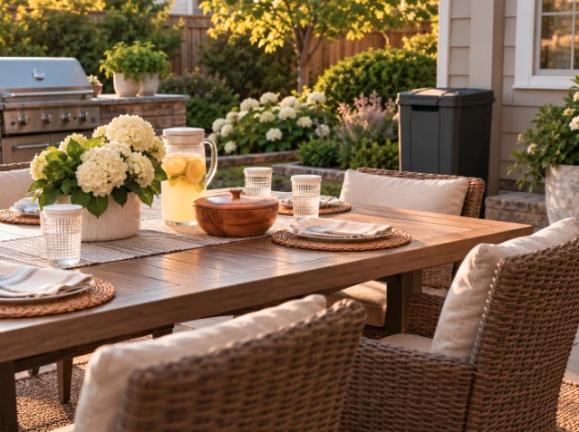 Outdoor dining table with drinks and flowers near a clean backyard patio.