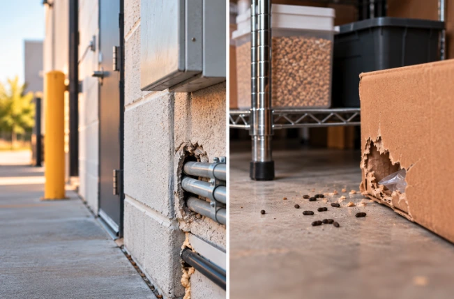 Utility openings, gnawed packaging, and droppings showing possible rodent activity.
