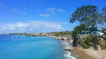 Blue water Curacao beach with town in the background
