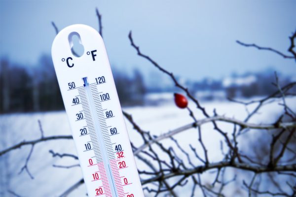 A thermometer displaying a low temperature indicating a cold environment.