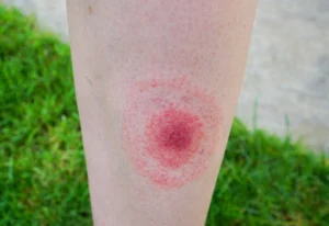 Red bullseye rash on man’s leg after being bitten by a tick.
